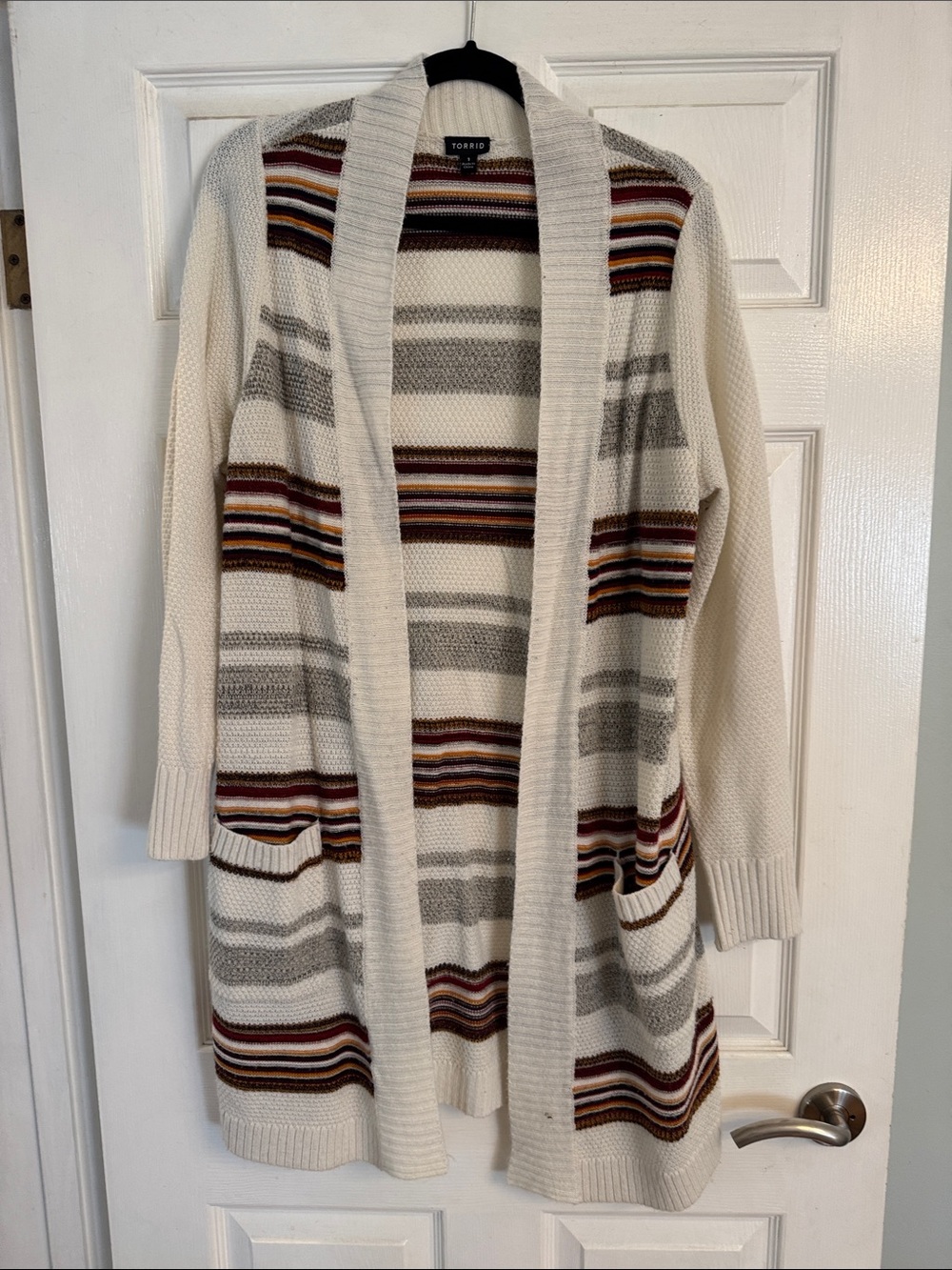 torrid Cream Open-Front Striped Cardigan with Burgundy & Gray Accents
